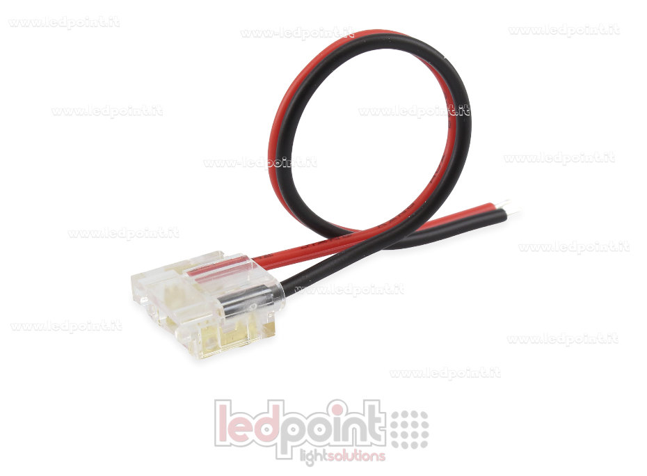 Connector with 10cm cable, for 10mm PCB LED and COB strips, 2 pins, transparent reduced version Connector with 10cm cable, for 10mm PCB LED and COB strips, 2 pins, transparent reduced version