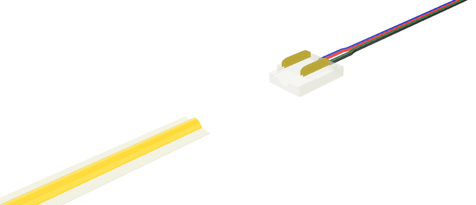 Verbinder mit 10cm Kabel, für 10mm PCB LED- und COB-Streifen, 4 Pins, transparente reduzierte Version Verbinder mit 10cm Kabel, für 10mm PCB LED- und COB-Streifen, 4 Pins, transparente reduzierte Version