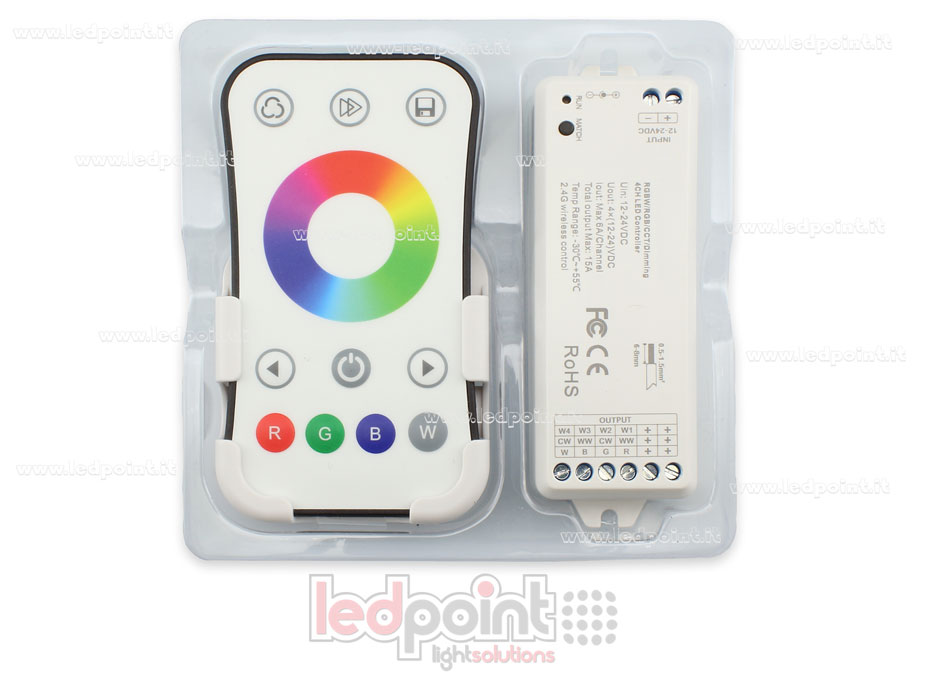 Kit remote + RGBW controller 12/24V, 4ch*6A, Max 15A, RF 2.4G Kit remote + RGBW controller 12/24V, 4ch*6A, Max 15A, RF 2.4G