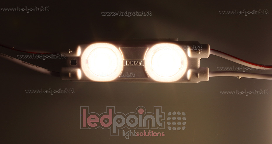Modulo 2 led 2835, 0,72W 12V, bianco caldo 3000-3500K, IP65 con lente 165° Modulo 2 led 2835, 0,72W 12V, bianco caldo 3000-3500K, IP65 con lente 165°