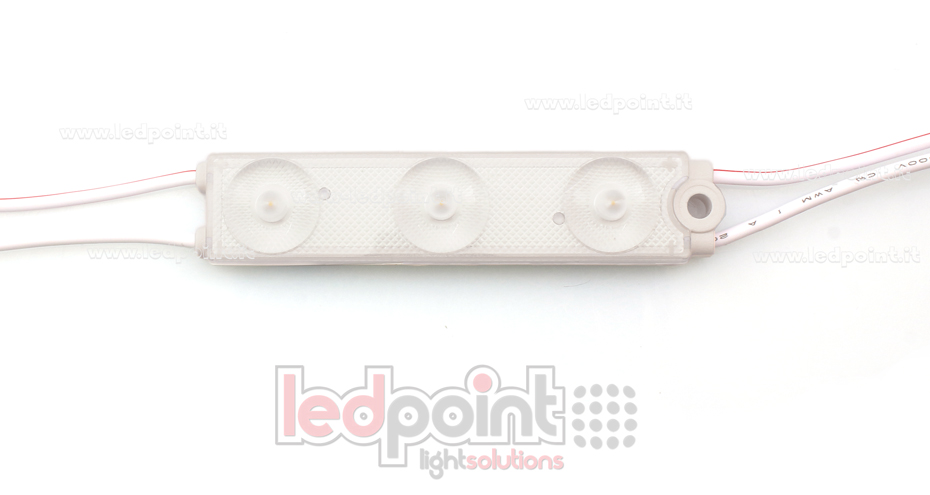 Modulo 3 led 2835, 1,08W 24V, bianco caldo 3000K, IP65 con lente 175° Modulo 3 led 2835, 1,08W 24V, bianco caldo 3000K, IP65 con lente 175°