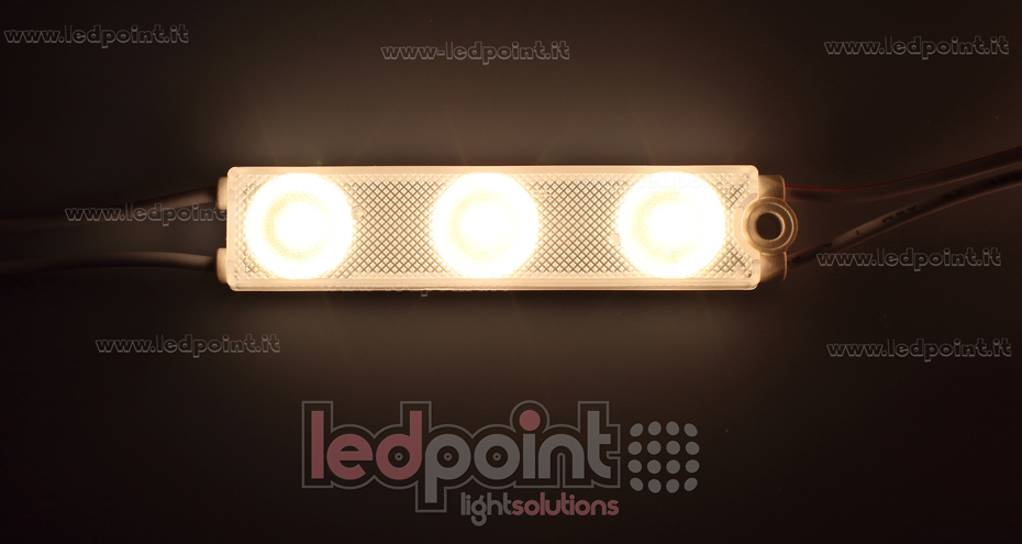 Modulo 3 led 2835, 1,08W 24V, bianco caldo 3000K, IP65 con lente 175° Modulo 3 led 2835, 1,08W 24V, bianco caldo 3000K, IP65 con lente 175°