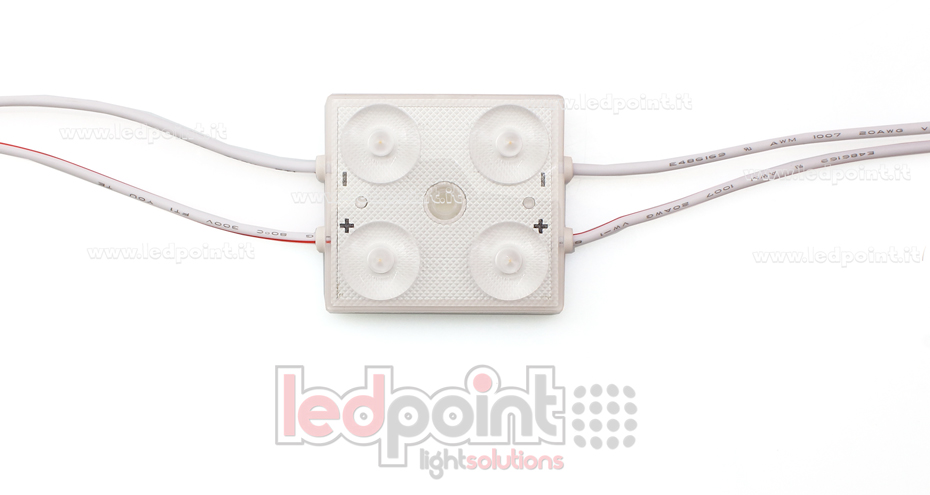 Modulo 4 led 2835, 1,44W 24V, bianco caldo 3000K, IP65 con lente 175° Modulo 4 led 2835, 1,44W 24V, bianco caldo 3000K, IP65 con lente 175°
