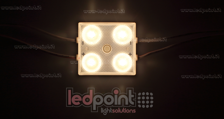 Modulo 4 led 2835, 1,44W 24V, bianco caldo 3000K, IP65 con lente 175° Modulo 4 led 2835, 1,44W 24V, bianco caldo 3000K, IP65 con lente 175°