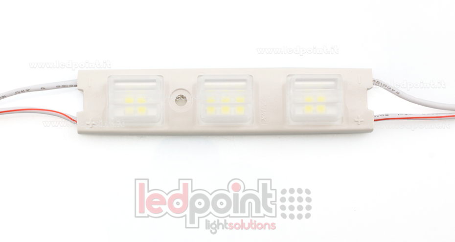 Modulo con 3 led 3014 Osram, 2,4W 24V bianco freddo 6500K, IP65 con lente 15°*85°