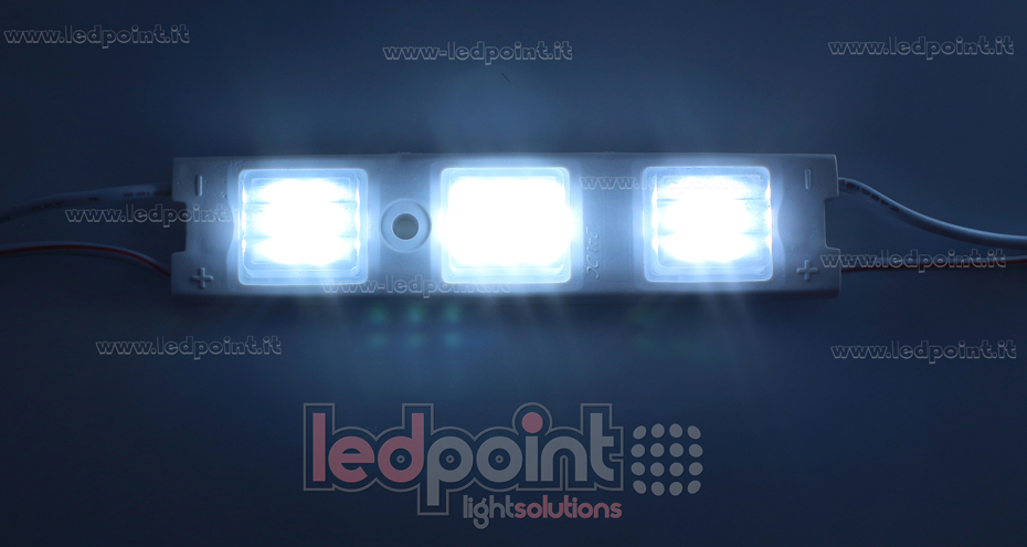 Modulo con 3 led 3014 Osram, 2,4W 24V bianco freddo 6500K, IP65 con lente 15°*85°