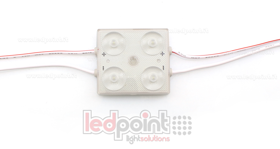 Modulo 4 led 2835, 1,44W 24V, bianco freddo 6000-6500K, IP65 con lente 175° ModD-600-04832 Modulo 4 led 2835, 1,44W 24V, bianco freddo 6000-6500K, IP65 con lente 175° ModD-600-04832