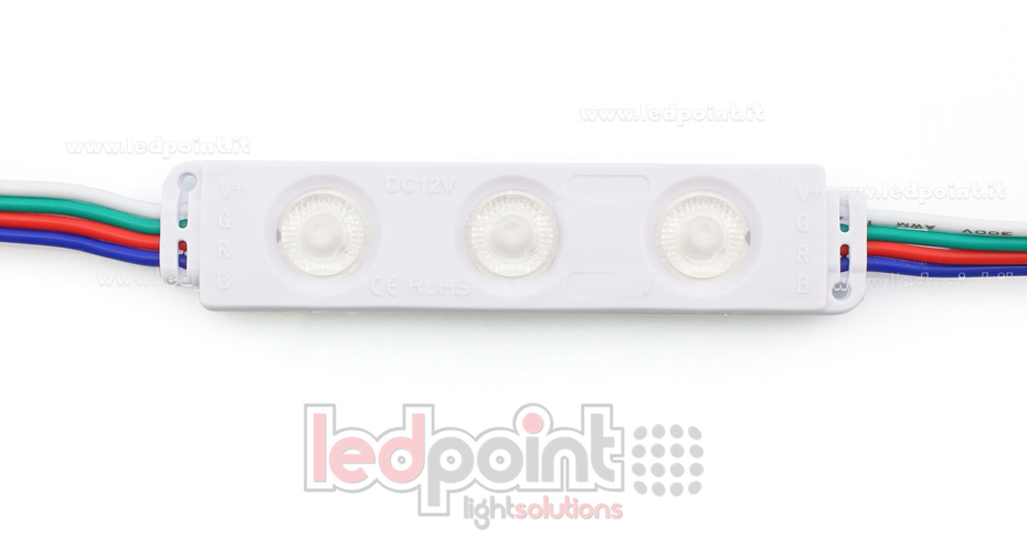Modulo 3 led 3528 RGB 12V 0,72W IP65 con lente 165° Modulo 3 led 3528 RGB 12V 0,72W IP65 con lente 165°