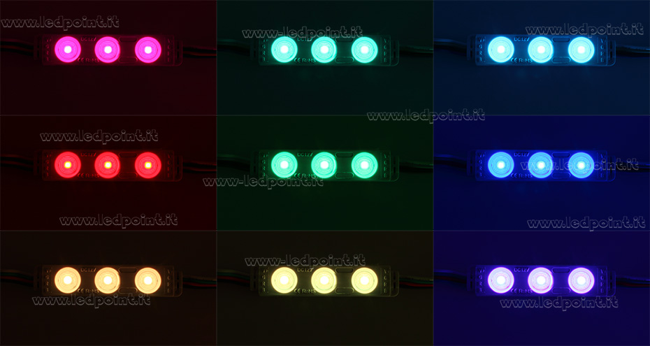 Modulo 3 led 3528 RGB 12V 0,72W IP65 con lente 165° Modulo 3 led 3528 RGB 12V 0,72W IP65 con lente 165°