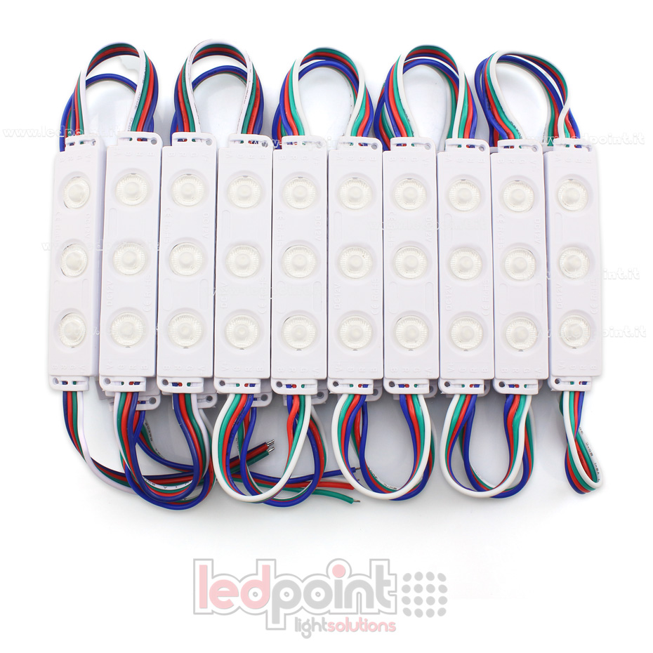 Modulo 3 led 3528 RGB 12V 0,72W IP65 con lente 165° Modulo 3 led 3528 RGB 12V 0,72W IP65 con lente 165°