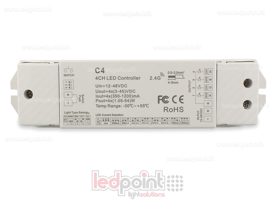 12/48V, 4ch*350-1200mA Konstantstrom, RF 2.4G Einfarben , CCT , RGB und RGBW Empfänger Controller mit Druckschalter
