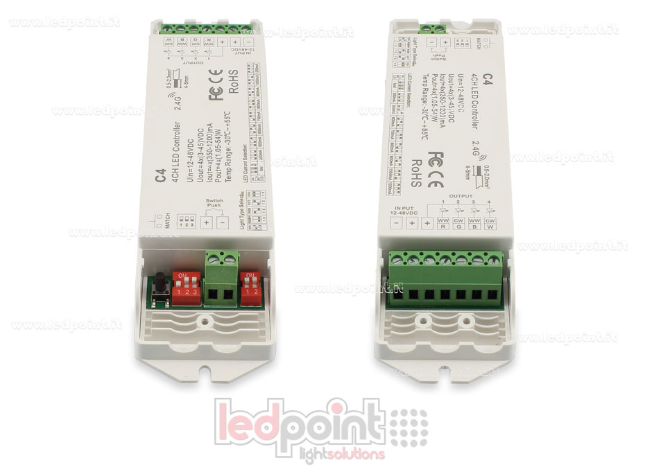 12/48V, 4ch*350-1200mA Konstantstrom, RF 2.4G Einfarben , CCT , RGB und RGBW Empfänger Controller mit Druckschalter
