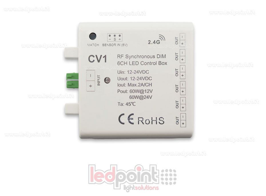 Interfaccia dimmer 6ch 60W 12V-24V, RF 2.4GHz con ingresso per sensore Interfaccia dimmer 6ch 60W 12V-24V, RF 2.4GHz con ingresso per sensore