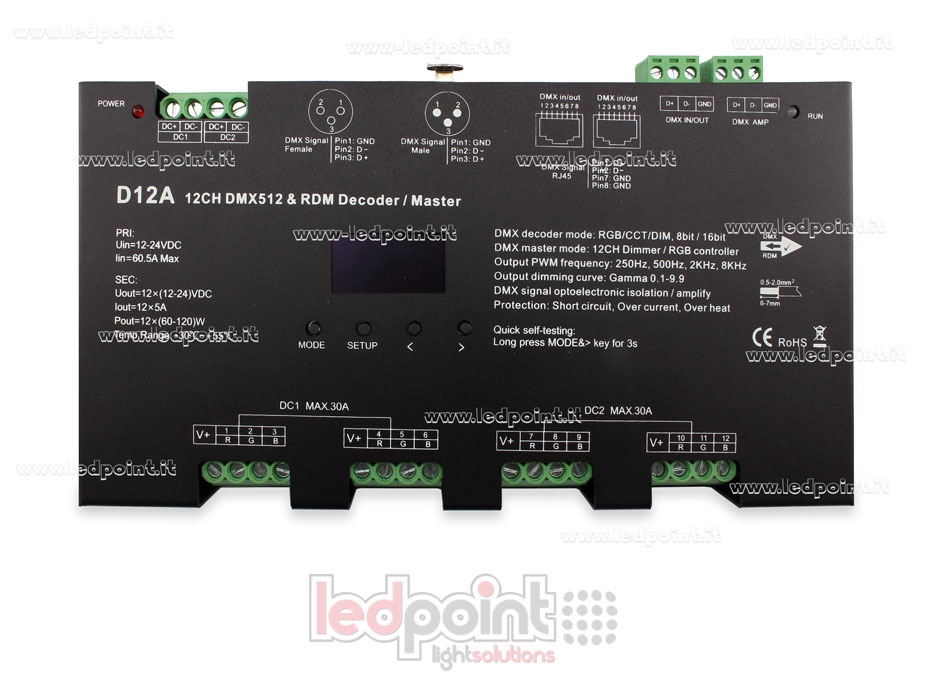 DMX 512 Decoder mit Oled-Display, 12 Kanäle à 5A, 12-24V DC Spannung DMX 512 Decoder mit Oled-Display, 12 Kanäle à 5A, 12-24V DC Spannung