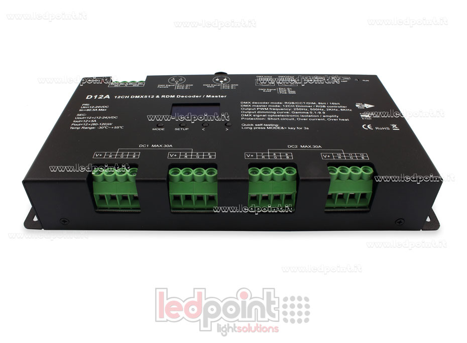 DMX 512 Decoder mit Oled-Display, 12 Kanäle à 5A, 12-24V DC Spannung DMX 512 Decoder mit Oled-Display, 12 Kanäle à 5A, 12-24V DC Spannung