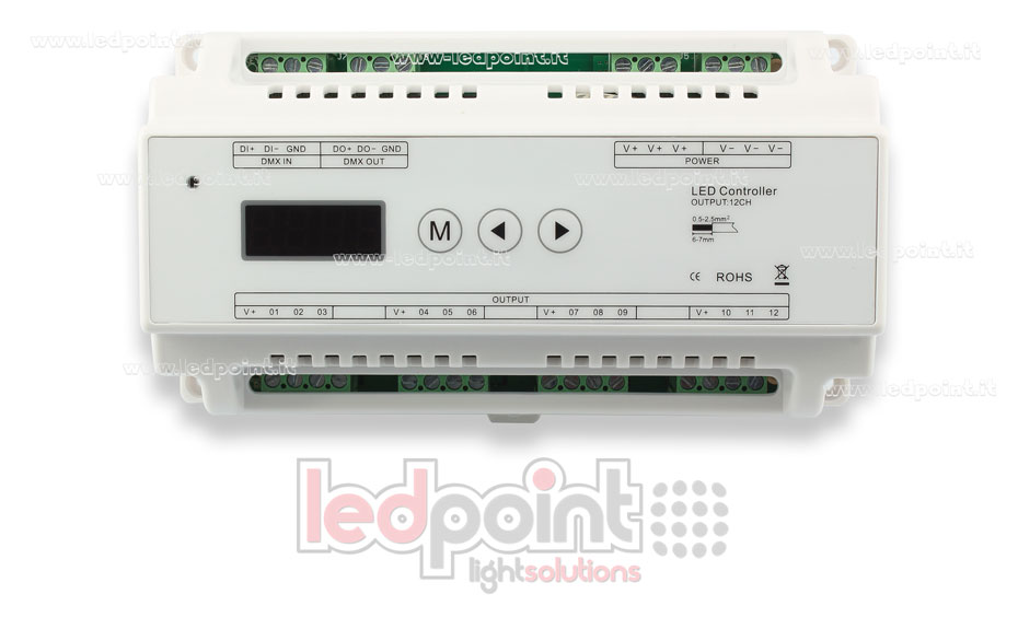 DMX 512 DIN rail decoder, 12-channels 5A each, voltage 12-36V DC DMX 512 DIN rail decoder, 12-channels 5A each, voltage 12-36V DC