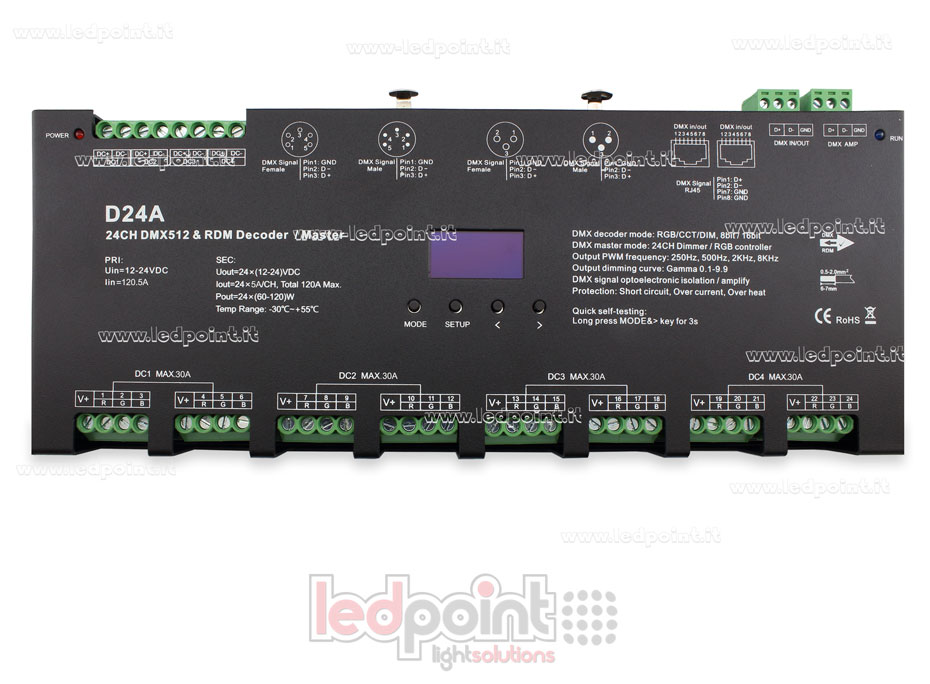 DMX 512 decoder with oled display, 24 channels of 5A each, 12-24V DC voltage DMX 512 decoder with oled display, 24 channels of 5A each, 12-24V DC voltage