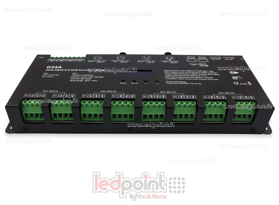 DMX 512 decoder with oled display, 24 channels of 5A each, 12-24V DC voltage DMX 512 decoder with oled display, 24 channels of 5A each, 12-24V DC voltage