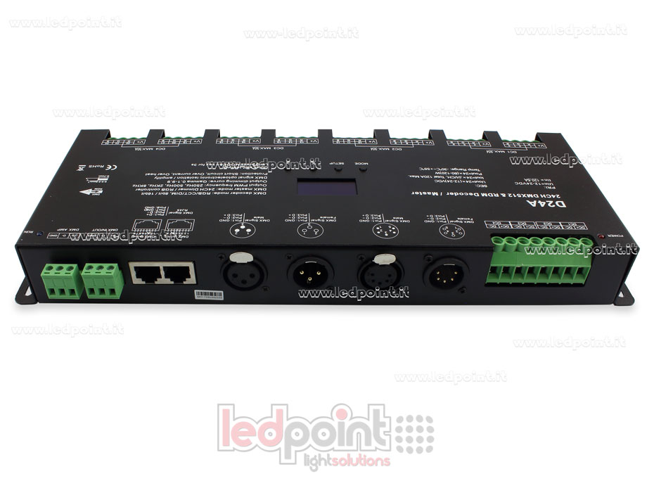 DMX 512 decoder with oled display, 24 channels of 5A each, 12-24V DC voltage DMX 512 decoder with oled display, 24 channels of 5A each, 12-24V DC voltage