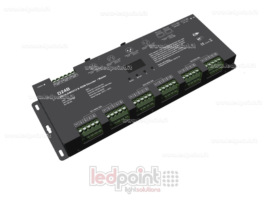 Decoder DMX 512 con display oled, 24 canali da 4A l'uno, tensione 12-24V DC Decoder DMX 512 con display oled, 24 canali da 4A l'uno, tensione 12-24V DC