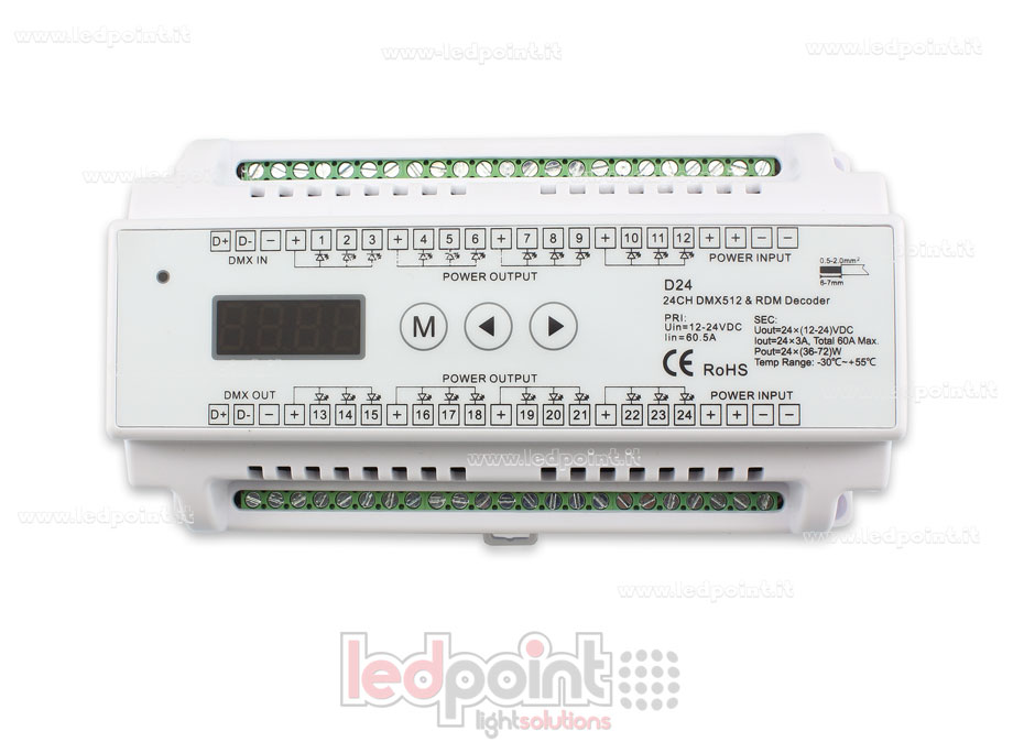 Decoder DMX 512 barra DIN, 24 canali da 3A l'uno, tensione 12-24V DC Decoder DMX 512 barra DIN, 24 canali da 3A l'uno, tensione 12-24V DC