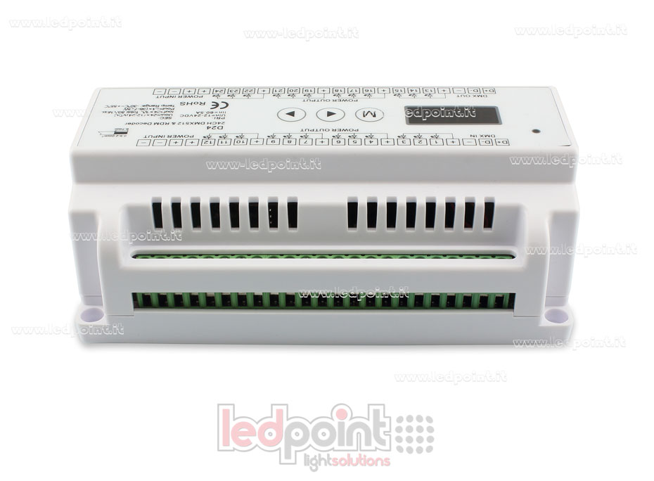 Decoder DMX 512 barra DIN, 24 canali da 3A l'uno, tensione 12-24V DC Decoder DMX 512 barra DIN, 24 canali da 3A l'uno, tensione 12-24V DC