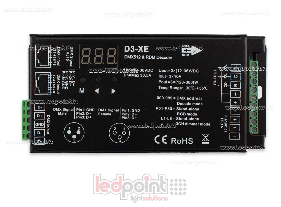 DMX 512 & RDM decoder, 3 Kanäle 10A jeder, 12-36V DC Spannung. XLR3, RJ45 DMX 512 & RDM decoder, 3 Kanäle 10A jeder, 12-36V DC Spannung. XLR3, RJ45