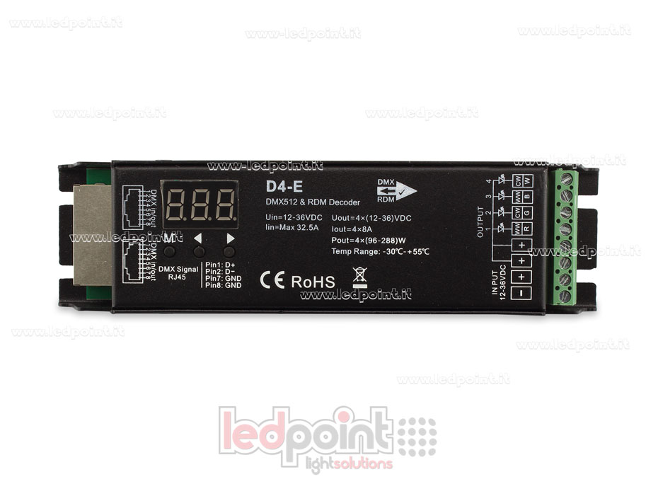 DMX 512 & RDM decoder, 4-channels 8A each, voltage 12-36V DC, RJ45 port DMX 512 & RDM decoder, 4-channels 8A each, voltage 12-36V DC, RJ45 port
