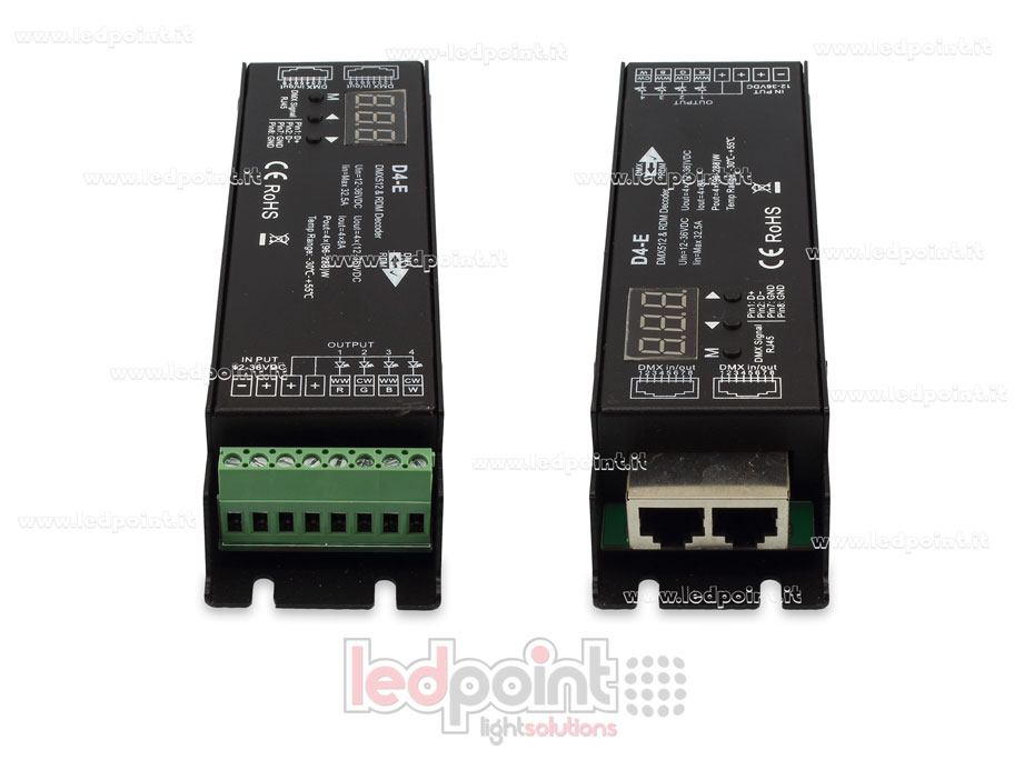 DMX 512 & RDM decoder, 4-channels 8A each, voltage 12-36V DC, RJ45 port DMX 512 & RDM decoder, 4-channels 8A each, voltage 12-36V DC, RJ45 port