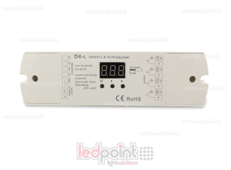 DMX 512 decoder, 4-channels 5A each, voltage 12-24V DC DMX 512 decoder, 4-channels 5A each, voltage 12-24V DC
