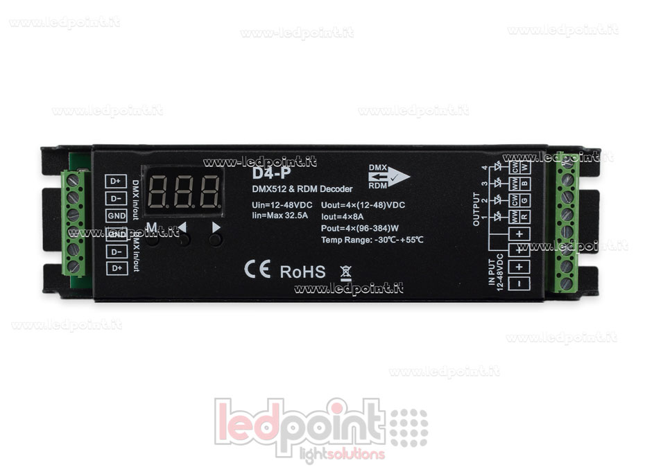 DMX 512 & RDM decoder, 4-channels 8A each, voltage 12-48V DC 
