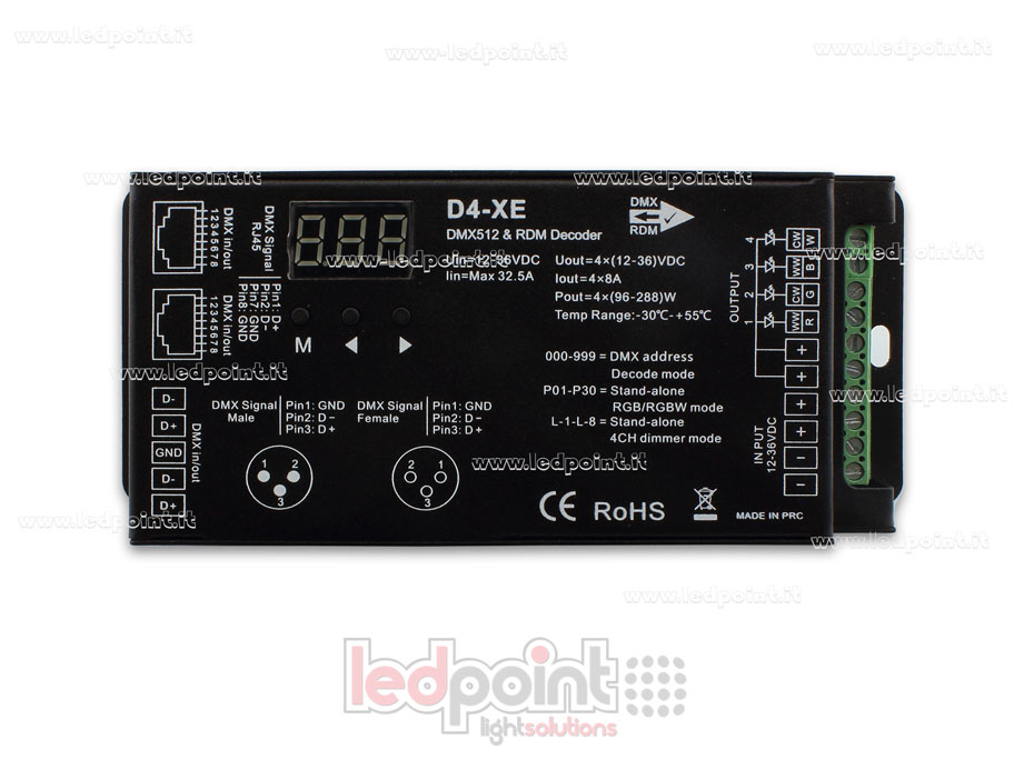 DMX 512 & RDM decoder, 4-channels 8A each, voltage 12-36V DC, XLR3 e RJ45