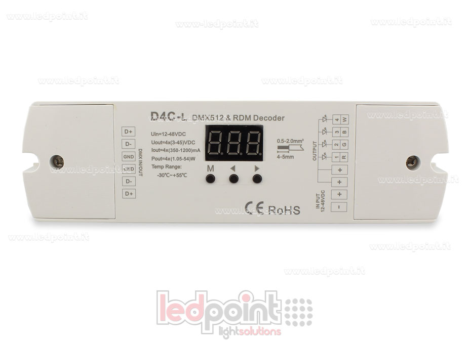 Decoder DMX 512, corrente costante, 4 canali da 350-1200mA l'uno, tensione 12-48V DC