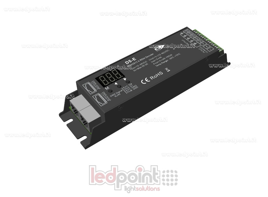 Decoder DMX 512 & RDM, 5 canali da 4A l'uno, tensione 12-48V DC, porta RJ45