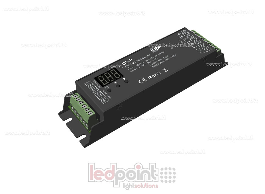 Decoder DMX 512 & RDM, 5 canali da 4A l'uno, tensione 12-48V DC Decoder DMX 512 & RDM, 5 canali da 4A l'uno, tensione 12-48V DC