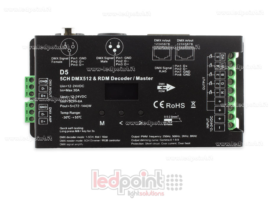 DMX 512 & RDM decoder, 5 Kanäle 6A jeder, 12-24V DC Spannung, XLR3 e RJ45 DMX 512 & RDM decoder, 5 Kanäle 6A jeder, 12-24V DC Spannung, XLR3 e RJ45