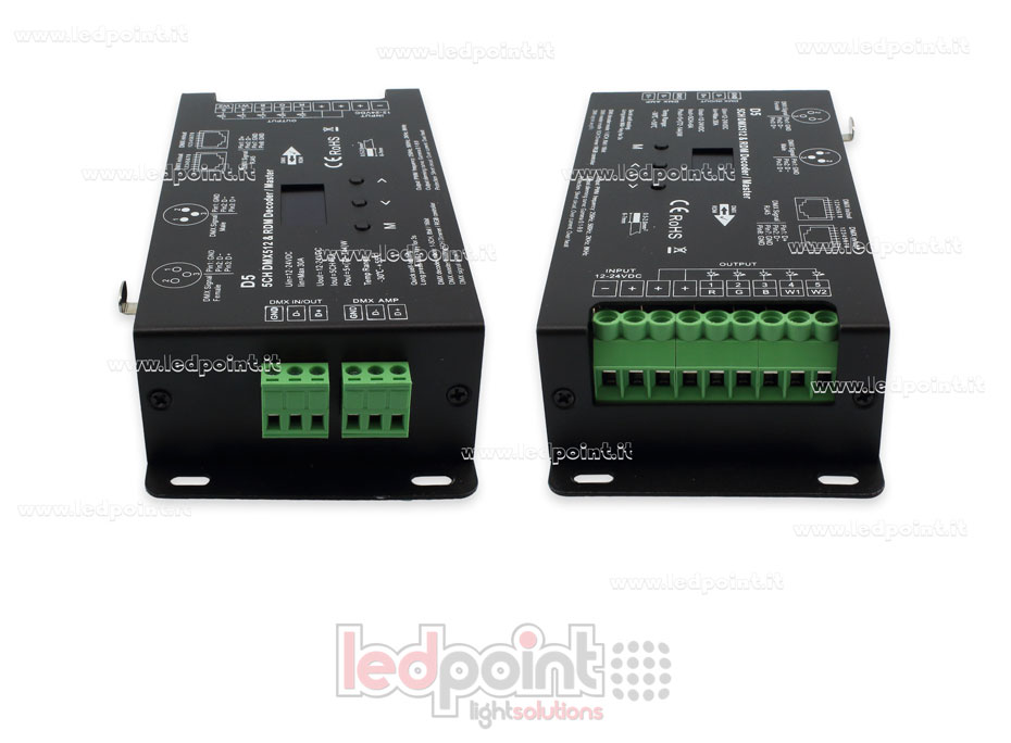 DMX 512 & RDM decoder, 5 Kanäle 6A jeder, 12-24V DC Spannung, XLR3 e RJ45 DMX 512 & RDM decoder, 5 Kanäle 6A jeder, 12-24V DC Spannung, XLR3 e RJ45