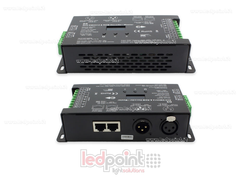 DMX 512 & RDM decoder, 5 Kanäle 6A jeder, 12-24V DC Spannung, XLR3 e RJ45 DMX 512 & RDM decoder, 5 Kanäle 6A jeder, 12-24V DC Spannung, XLR3 e RJ45