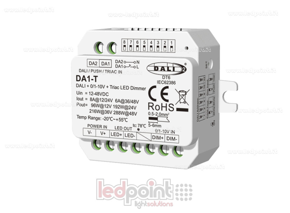 DALI-2 0/1-10V and Triac dimmer, 1 channel, 8A, 12-48V DC, constant voltage
DALI-2 0/1-10V and Triac dimmer, 1 channel, 8A, 12-48V DC, constant voltage