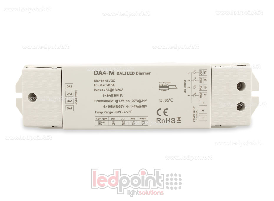 Dimmer DALI-2, 4 canali da 3A/5A, 12-48V DC, tensione costante (DT6/DT8)