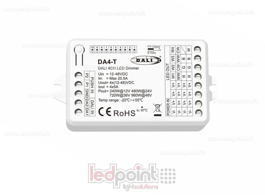 DALI-2 dimmer, 4 channels, 5A, 12-48V DC, constant voltage
DALI-2 dimmer, 4 channels, 5A, 12-48V DC, constant voltage