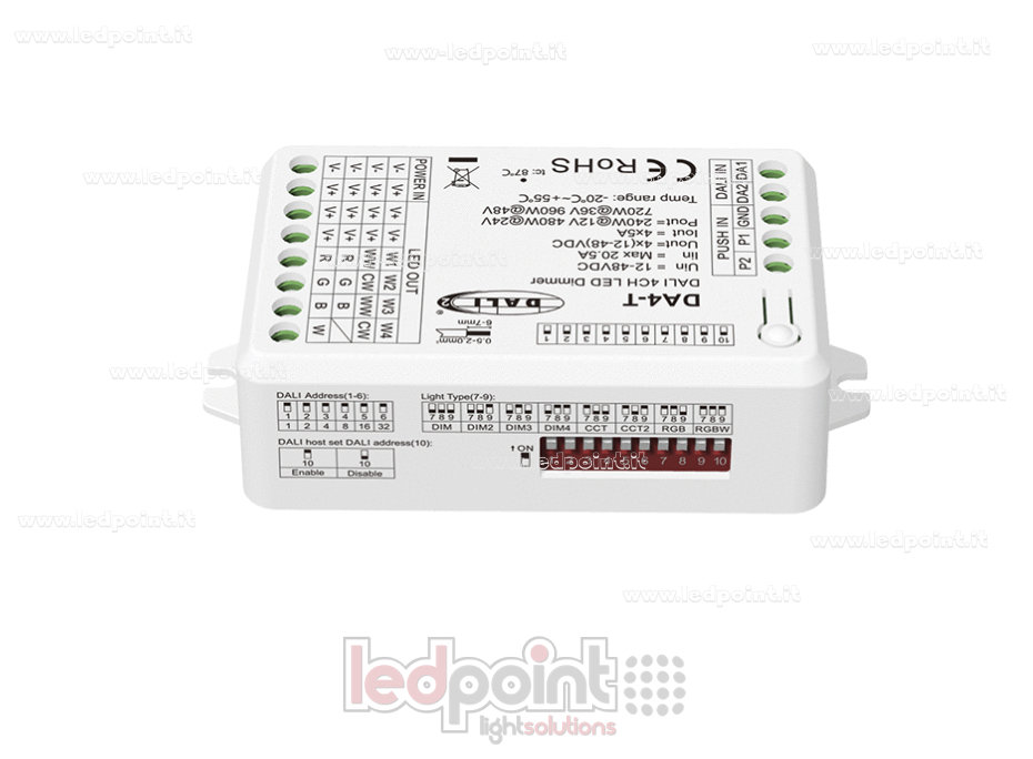 DALI-2 dimmer, 4 channels, 5A, 12-48V DC, constant voltage
DALI-2 dimmer, 4 channels, 5A, 12-48V DC, constant voltage