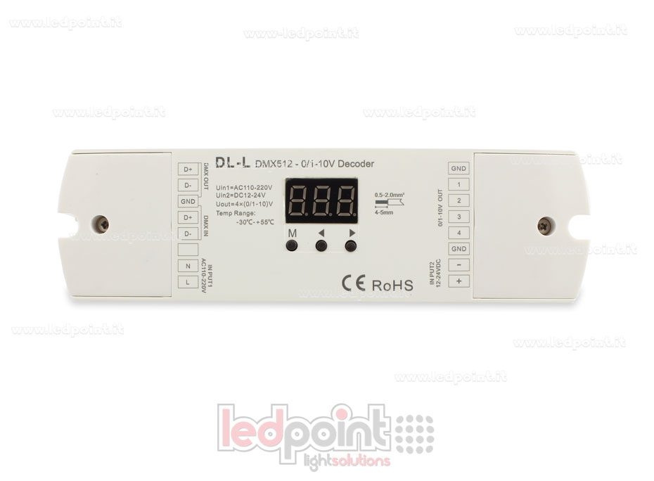 0/1-10V DMX 512 decoder, 4 canali da 20mA l'uno, tensione 12-24 DC 0/1-10V DMX 512 decoder, 4 canali da 20mA l'uno, tensione 12-24 DC
