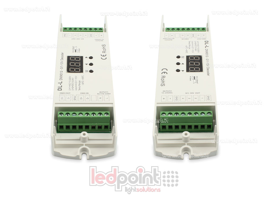 0/1-10V DMX 512 decoder, 4 canali da 20mA l'uno, tensione 12-24 DC 0/1-10V DMX 512 decoder, 4 canali da 20mA l'uno, tensione 12-24 DC