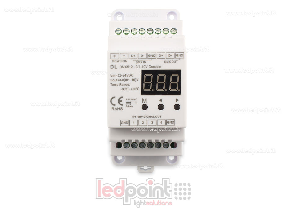 0/1-10V DMX 512 decoder barra DIN, 4 canali da 20mA l'uno, tensione 12-24 DC 0/1-10V DMX 512 decoder barra DIN, 4 canali da 20mA l'uno, tensione 12-24 DC
