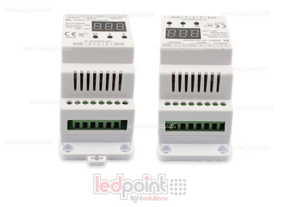 0/1-10V DMX 512 decoder barra DIN, 4 canali da 20mA l'uno, tensione 12-24 DC 0/1-10V DMX 512 decoder barra DIN, 4 canali da 20mA l'uno, tensione 12-24 DC