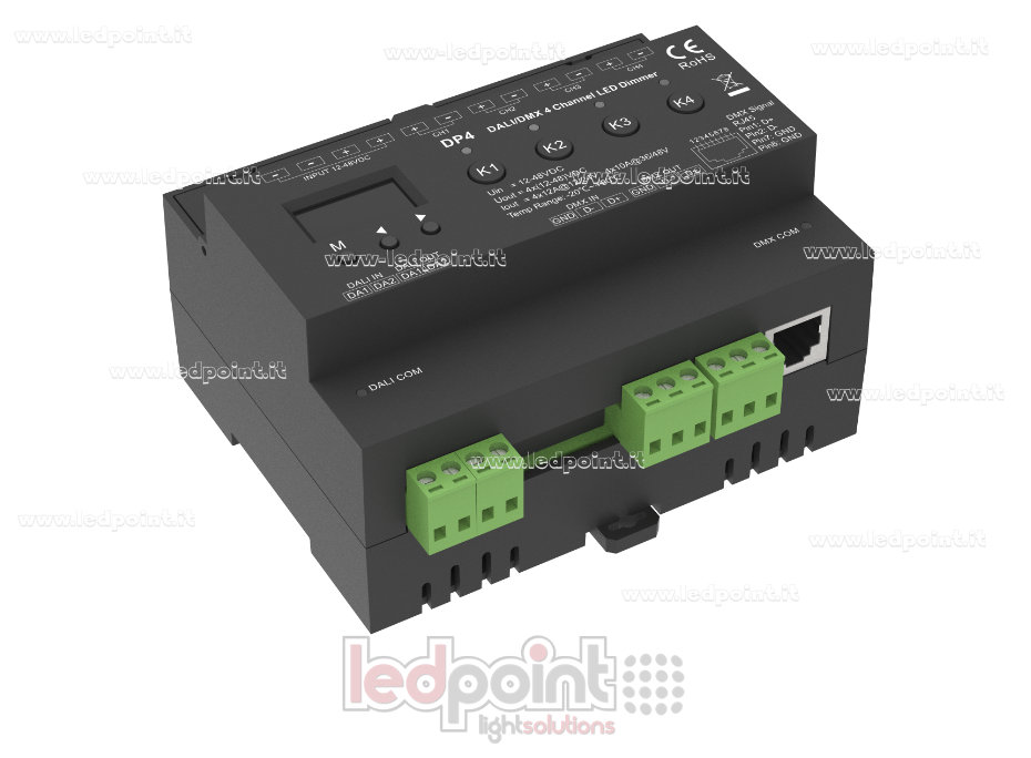 Dimmer DALI/DMX, 4CH*12A, 12-48VDC, tre diverse funzioni di dimmerazione: DALI, DMX e manuale Dimmer DALI/DMX, 4CH*12A, 12-48VDC, tre diverse funzioni di dimmerazione: DALI, DMX e manuale