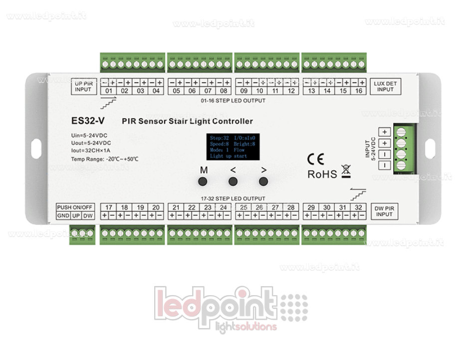 Dual PIR Sensor + Dual Push-Button Controller for Stairs with 32 Steps, 5–24 VDC Dual PIR Sensor + Dual Push-Button Controller for Stairs with 32 Steps, 5–24 VDC