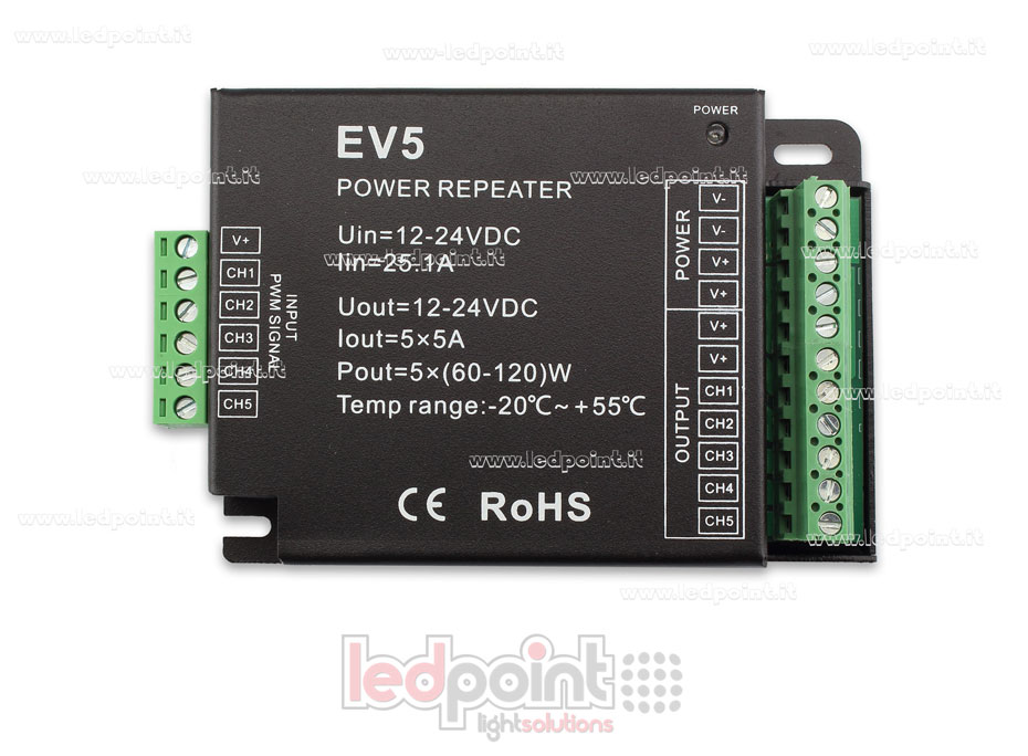RGBCCT signal amplifier 12-24V 25A (5 channels with 5A) RGBCCT signal amplifier 12-24V 25A (5 channels with 5A)