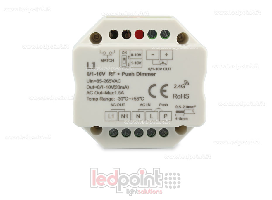 Single-colour 1 channel 0/1-10V dimmer receiver, AC push dim, RF 2.4G for wall junction box Single-colour 1 channel 0/1-10V dimmer receiver, AC push dim, RF 2.4G for wall junction box